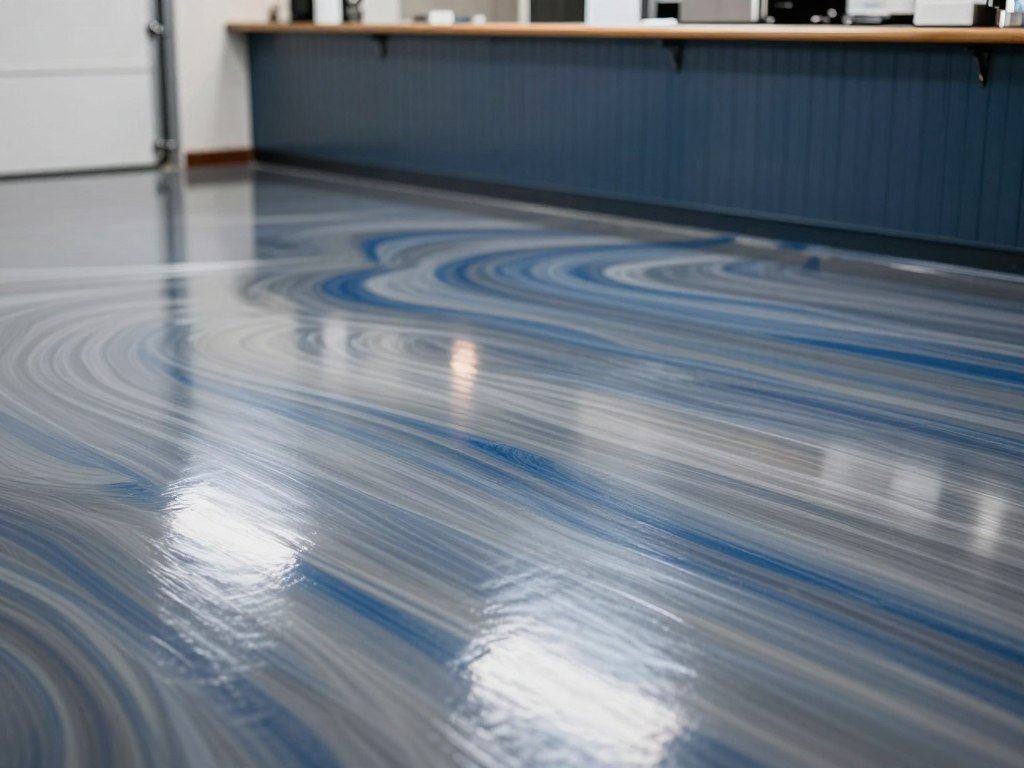 Close-up of epoxy garage floor with metallic finish