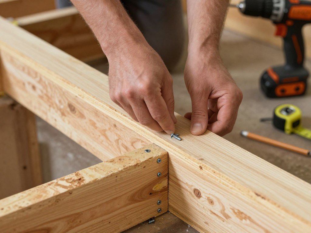 Close-up of garage loft flooring installation with plywood sheets
