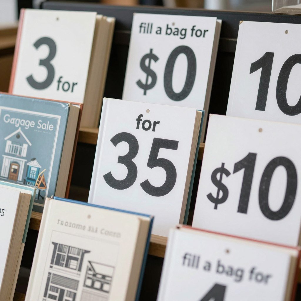 Close-up of garage sale items with price tags showing strategic pricing