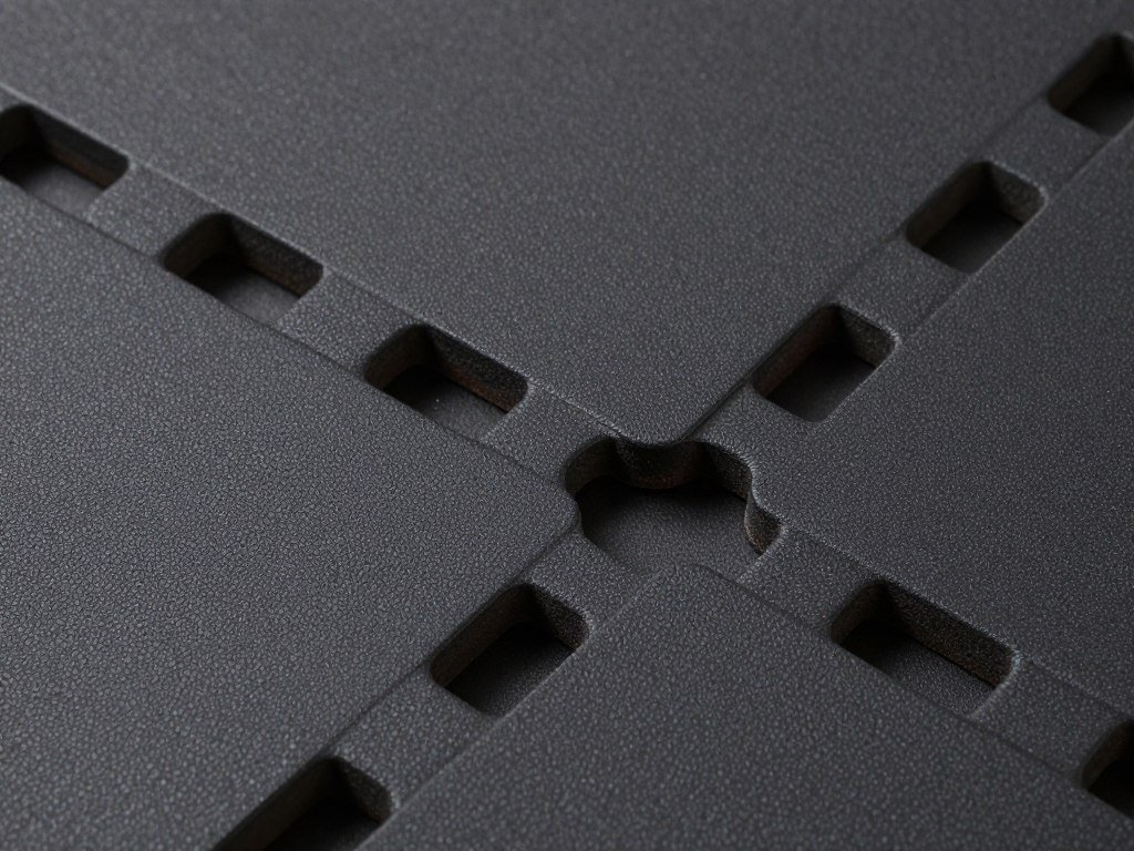 Close-up of interlocking black rubber gym floor tiles