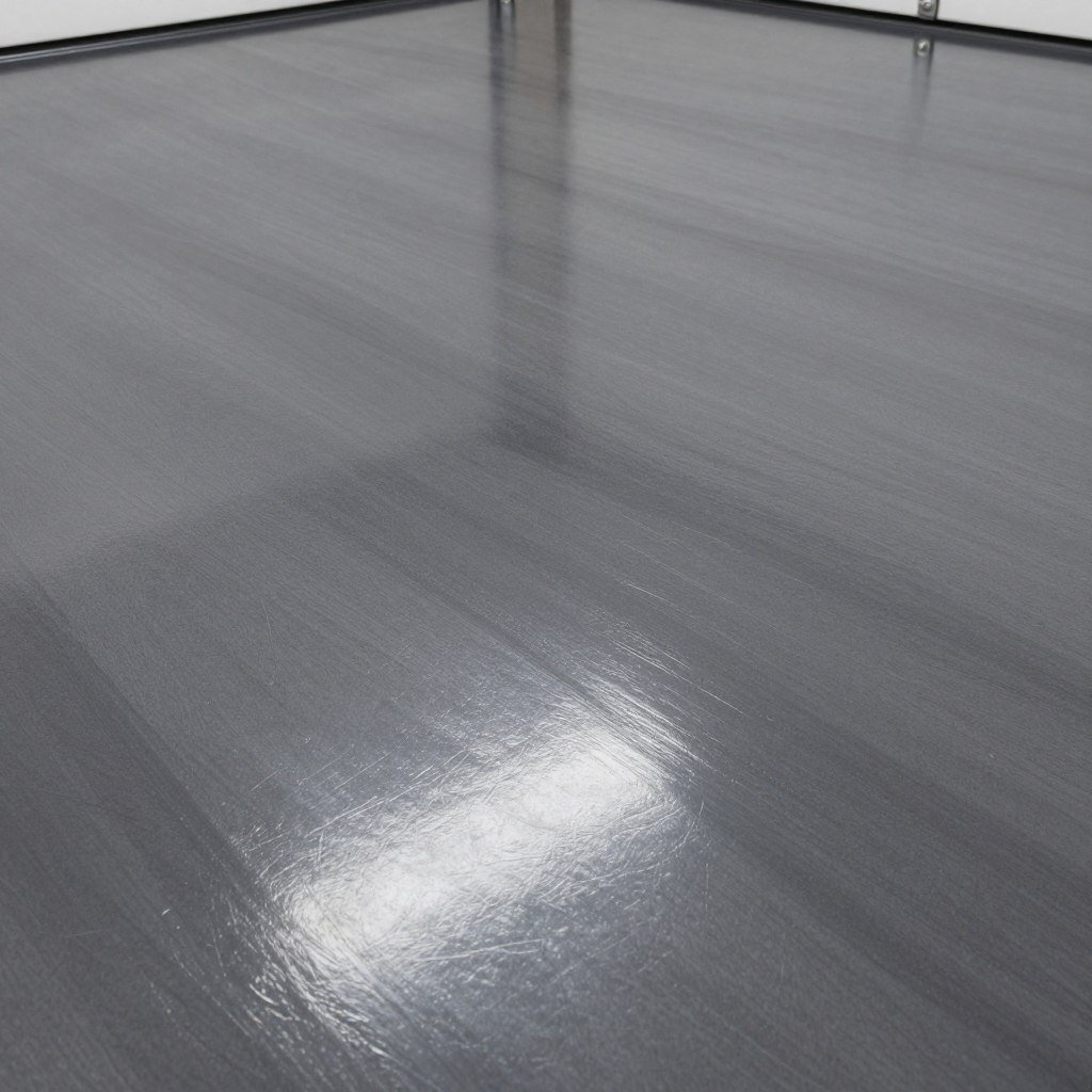Close-up of metallic epoxy garage floor with glossy finish