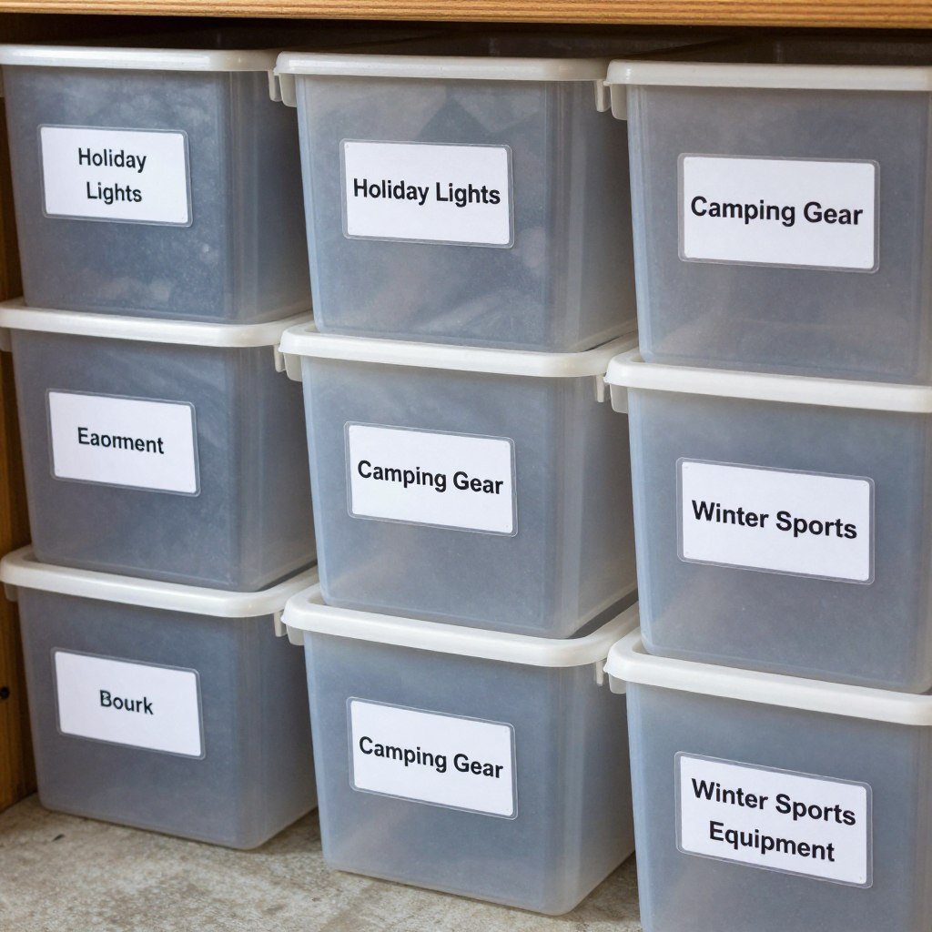 Close-up of neatly labeled storage bins with category labels