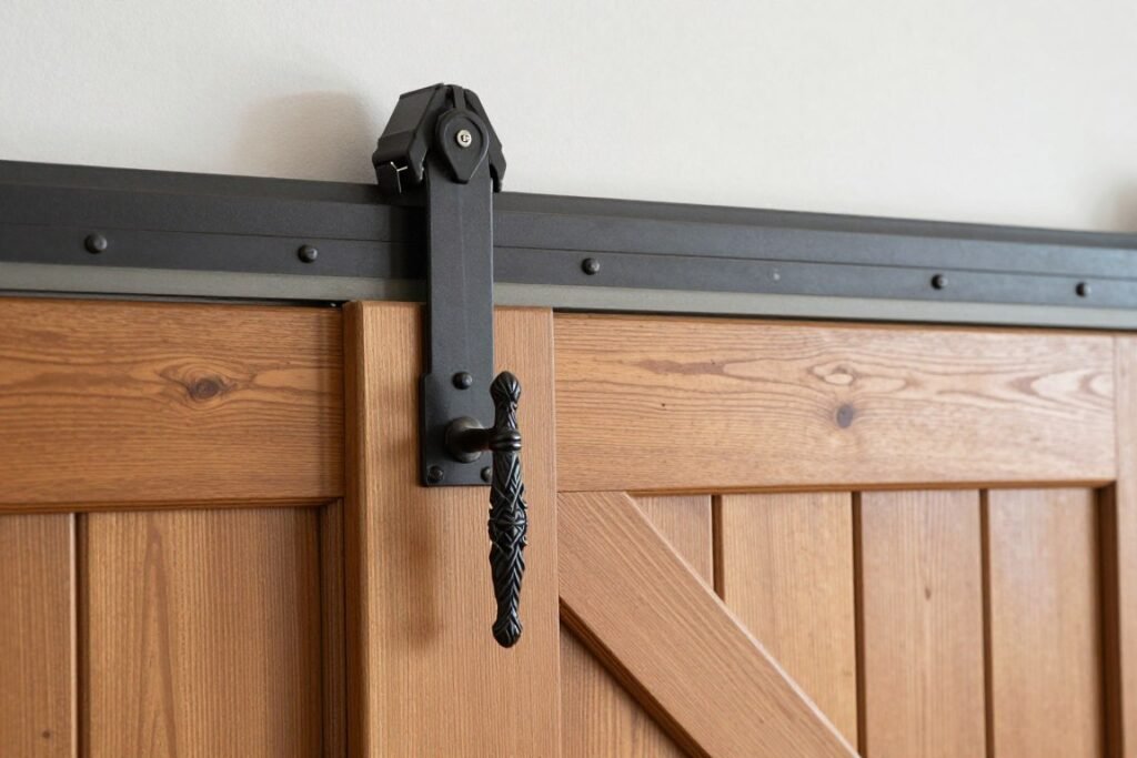 Close-up of sliding barn door hardware showing track, rollers, and decorative handle on a garage