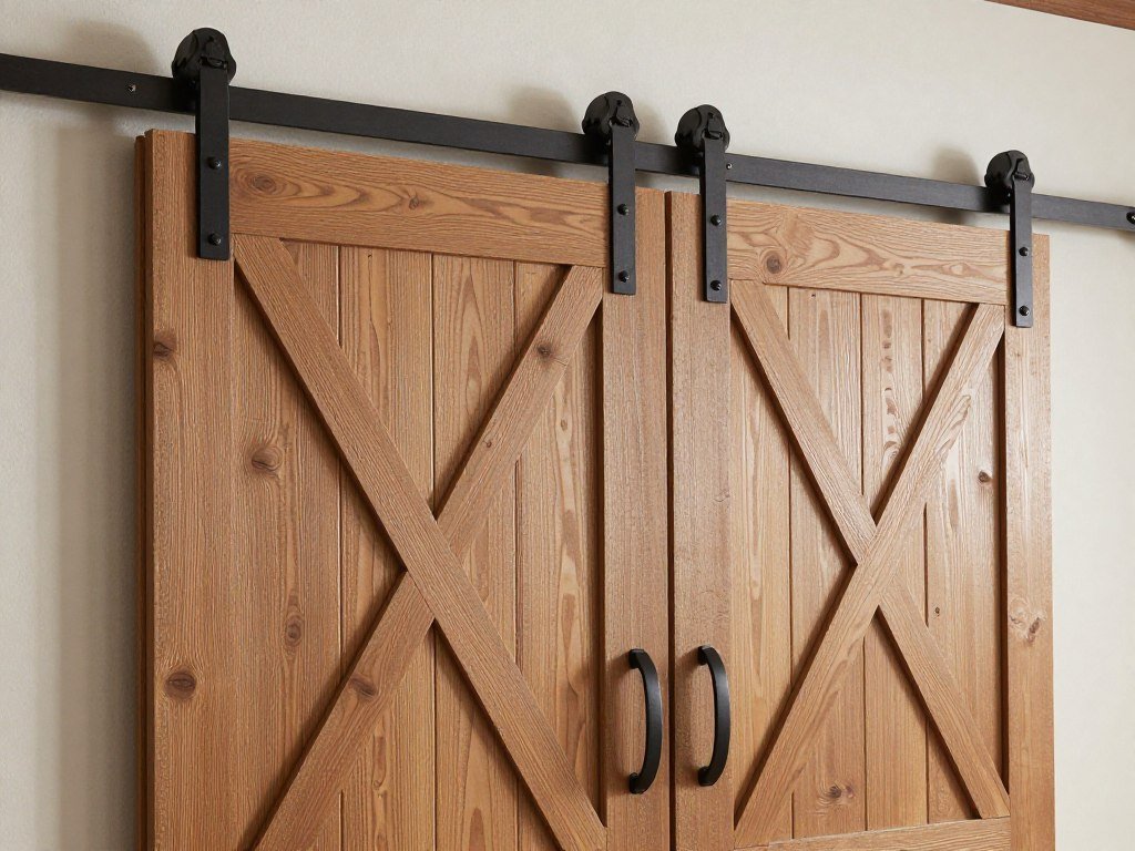 Close-up of sliding barn doors on a garage with decorative hardware Close-up of sliding barn doors on a garage with decorative hardware