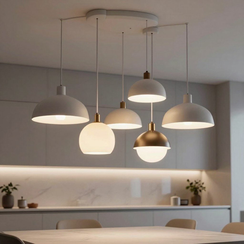 Cluster of different sized pendant lights at varying heights over kitchen table Cluster of different sized pendant lights at varying heights over kitchen table