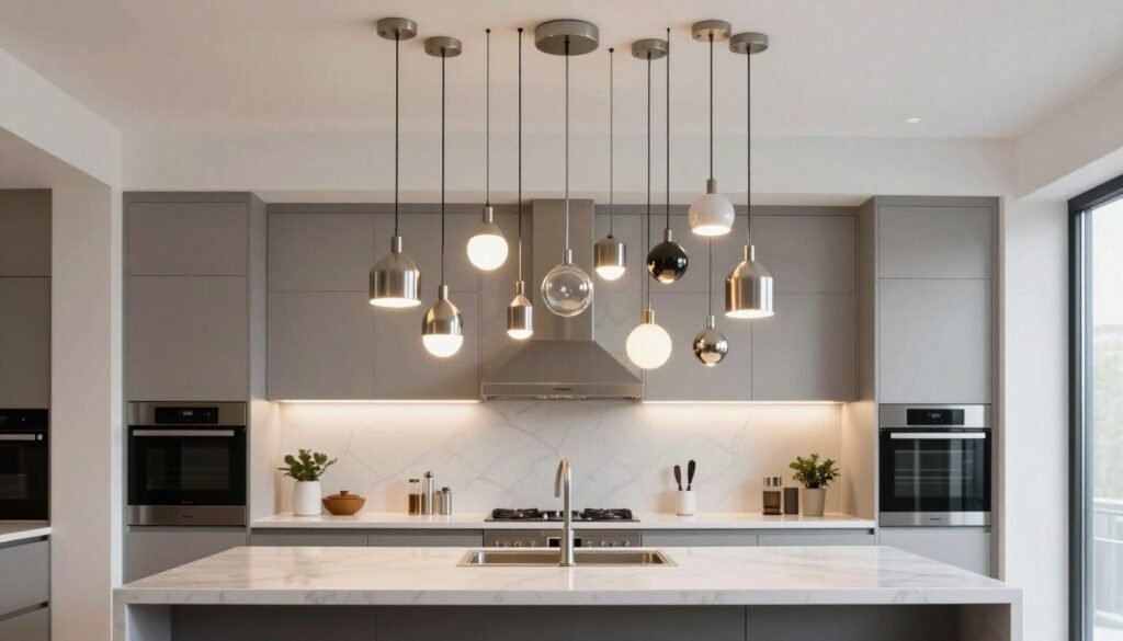 Cluster of pendant lights at varying heights over kitchen island