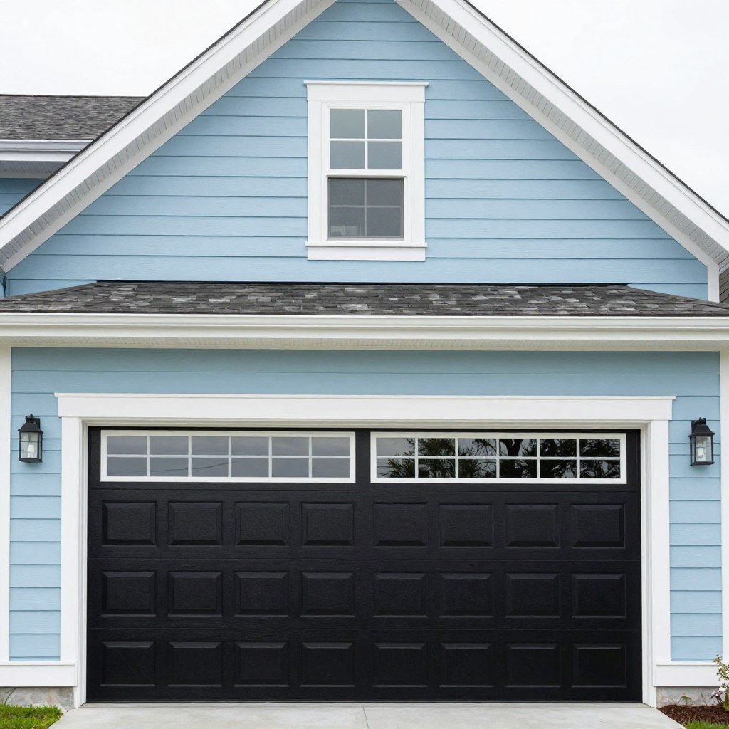 Coastal home with black garage door with windows and light blue siding