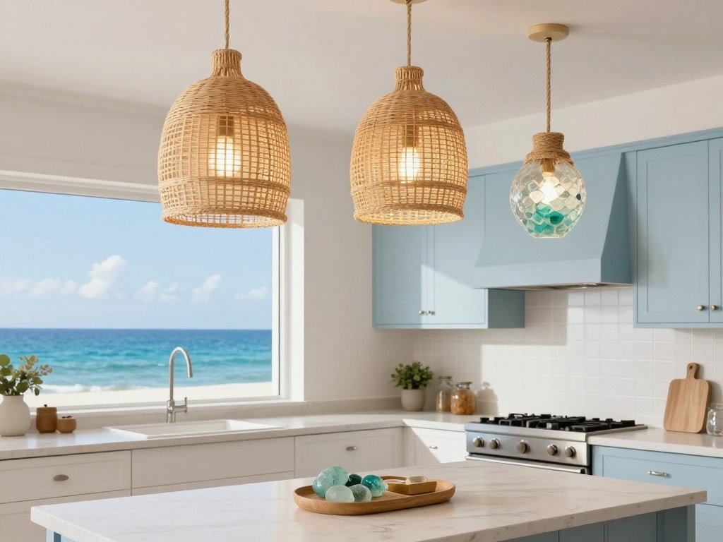 Coastal kitchen with light, airy pendant fixtures in natural materials Coastal kitchen with light, airy pendant fixtures in natural materials