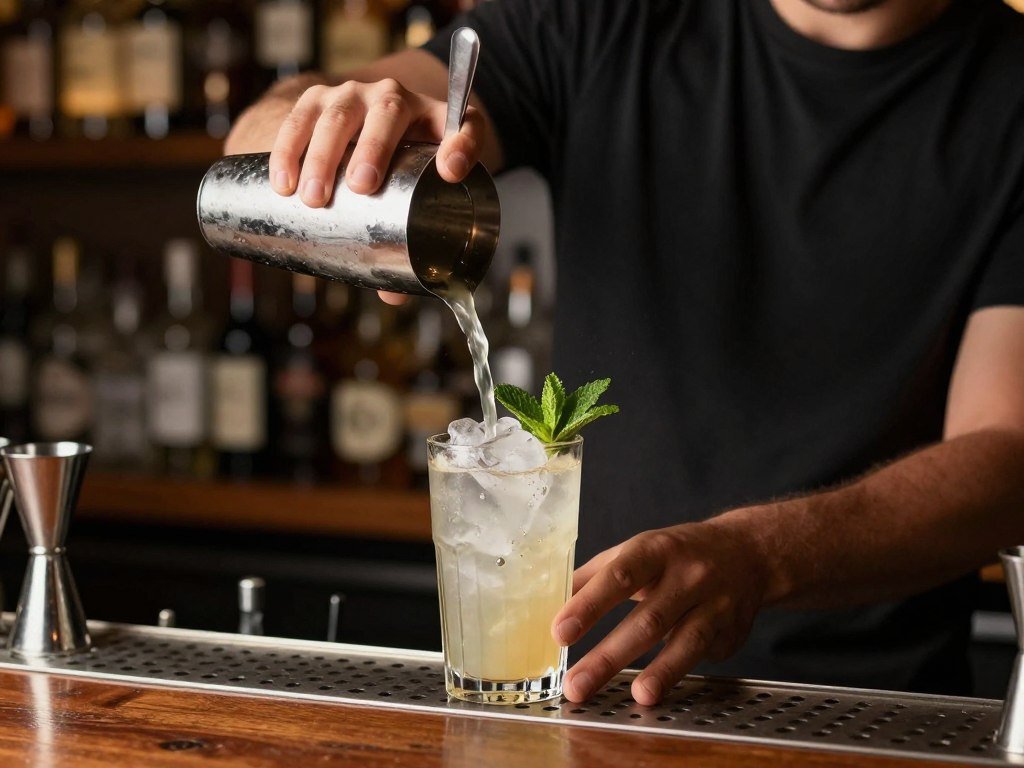 Cocktail being prepared with proper bar tools