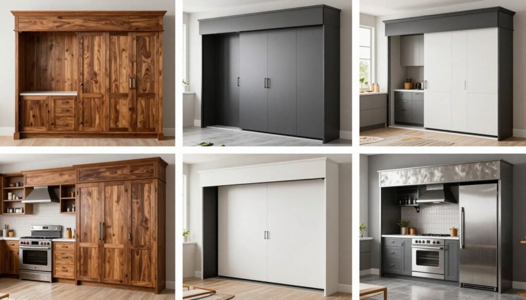 Collage of appliance garages in different kitchen styles from traditional to modern