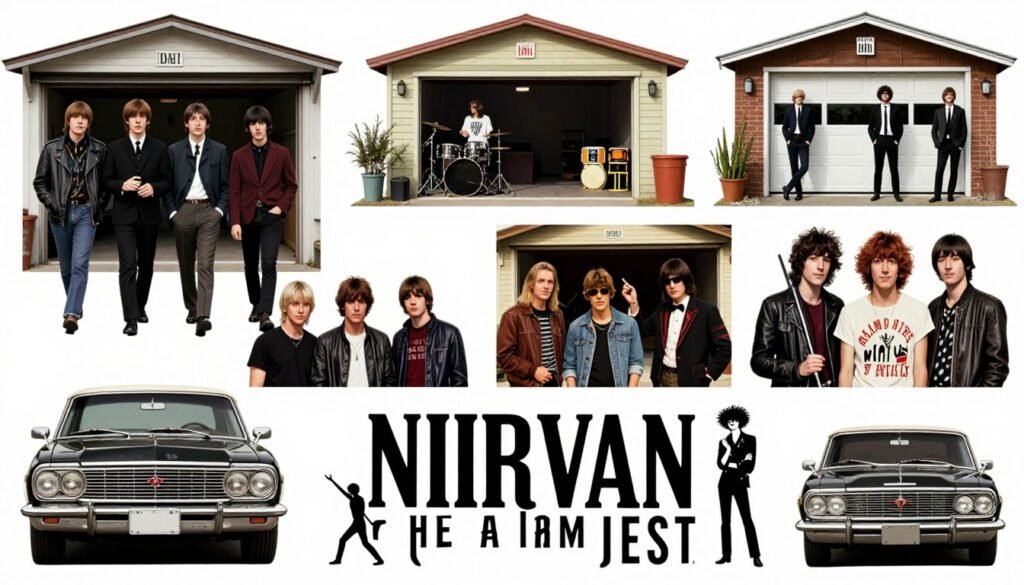 Collage of famous bands that started as garage bands before becoming successful
