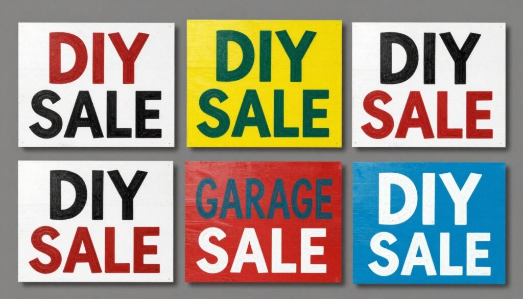 Collection of DIY garage sale signs showing different styles and materials