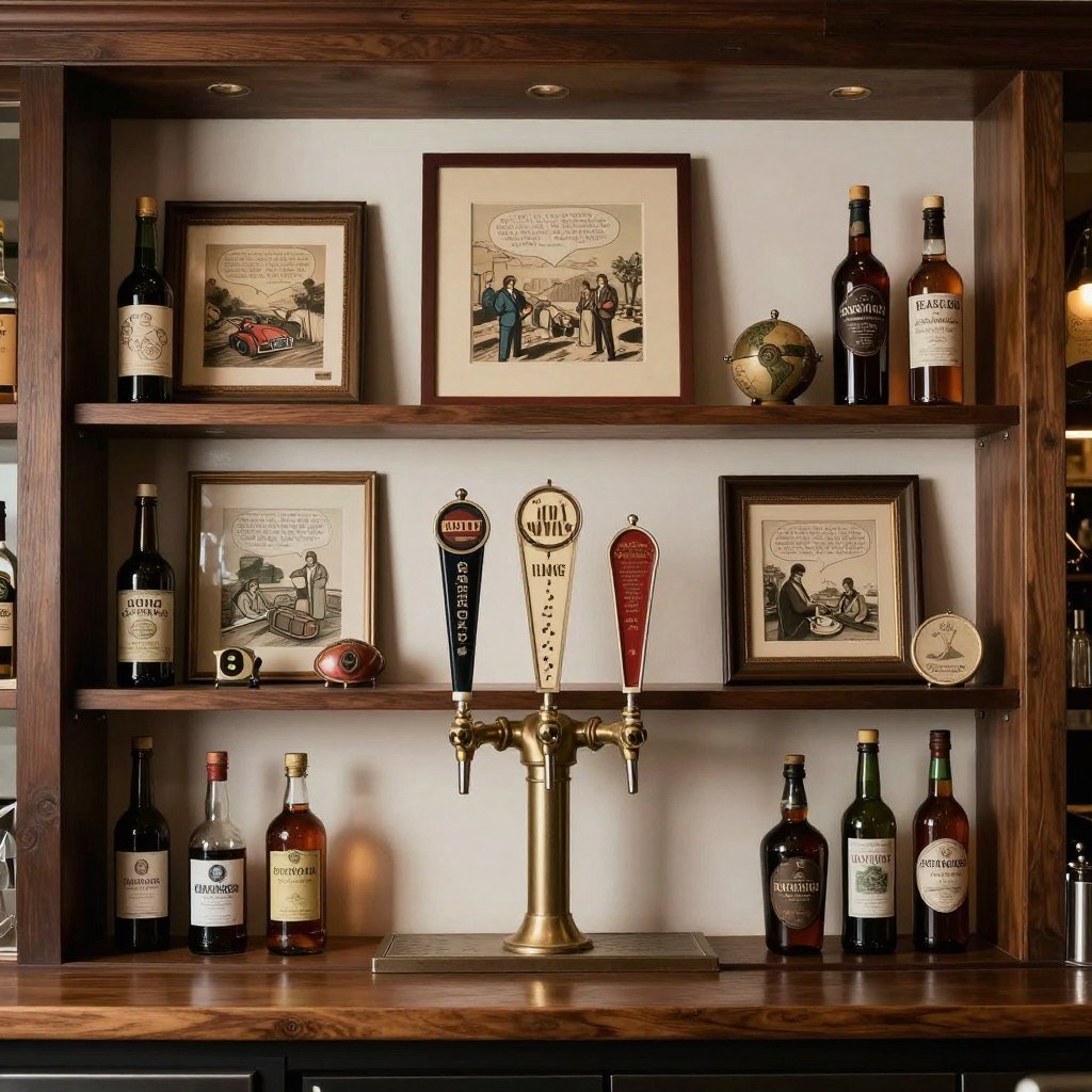 Collection of unique conversation pieces on bar shelf