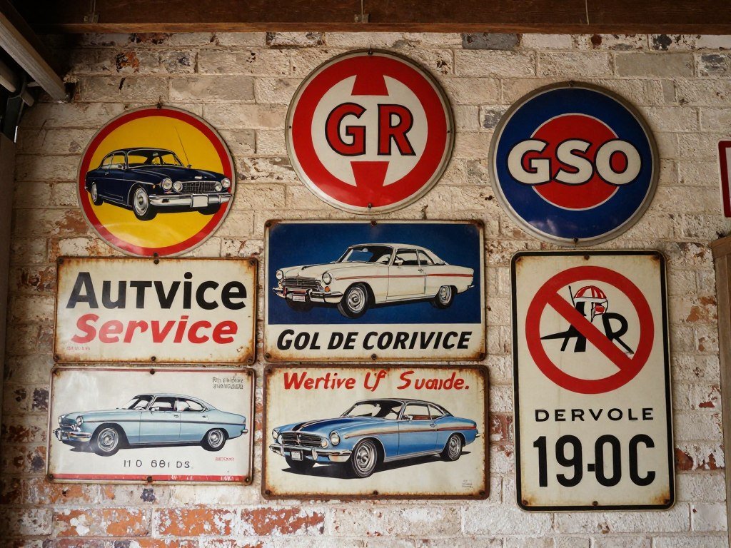 Collection of vintage-style metal signs with automotive themes displayed in a garage Collection of vintage-style metal signs with automotive themes displayed in a garage