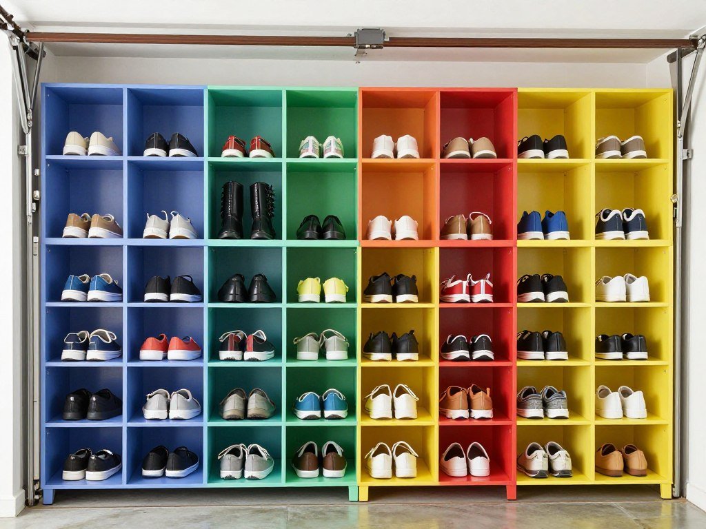 Color-coded family shoe storage system in garage with sections for each family member