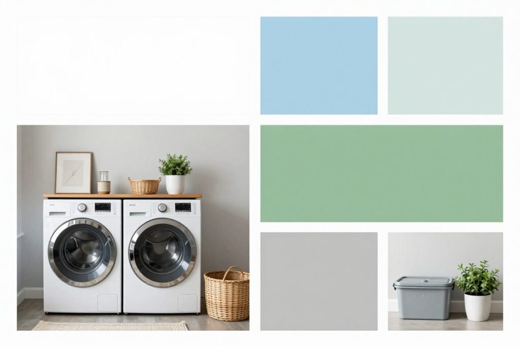 Color scheme options for garage laundry areas showing paint swatches and decor elements