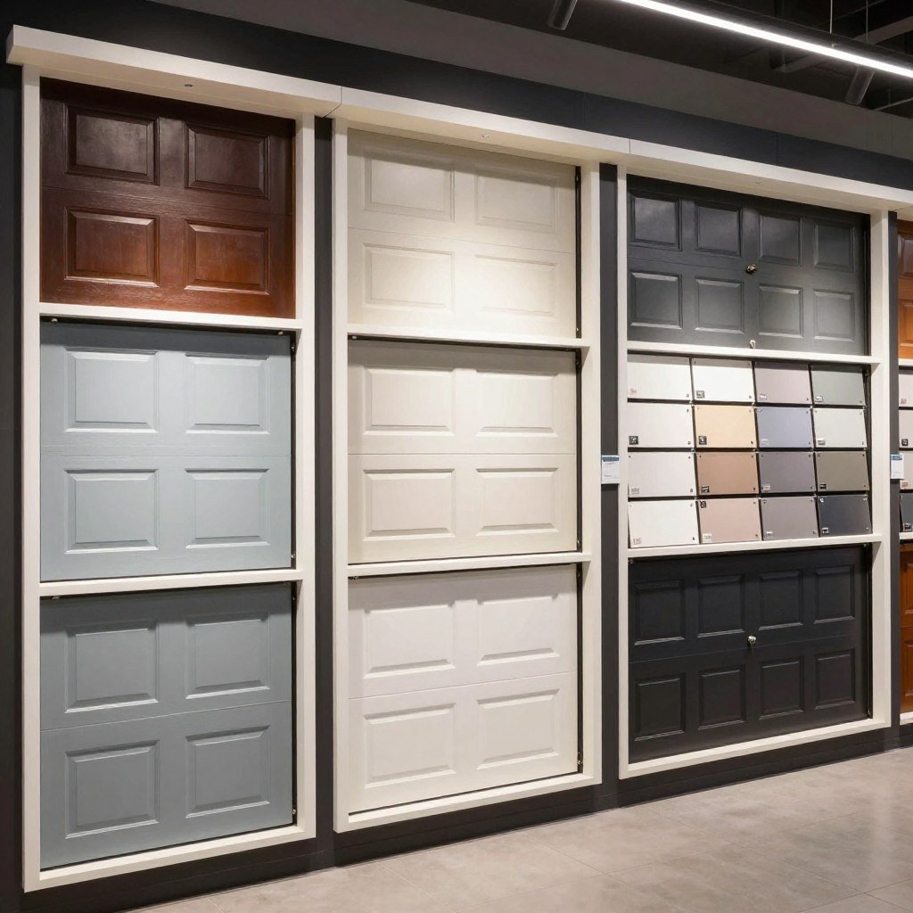 Colorful garage door options displayed in showroom