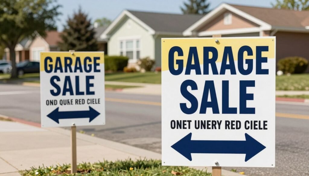 Colorful garage sale signs posted at neighborhood intersection
