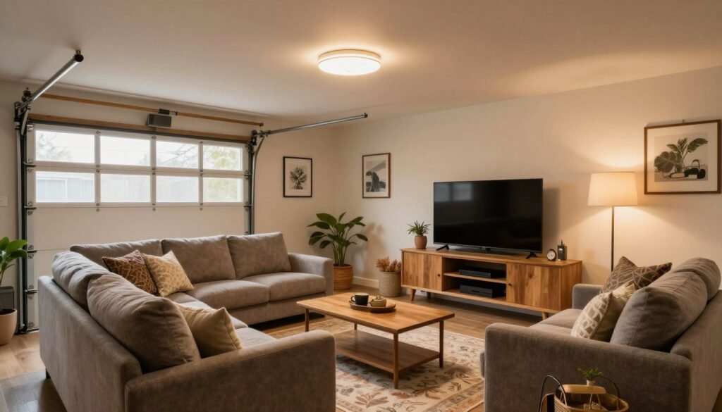Comfortable family room garage conversion with seating, entertainment center, and warm lighting