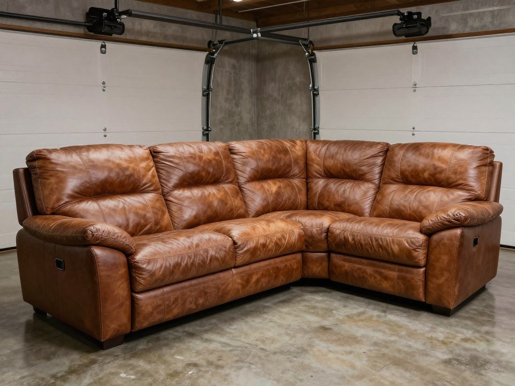 Comfortable leather sectional in a garage man cave entertainment area