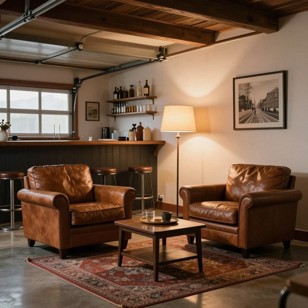 Comfortable lounge area in garage bar with armchairs