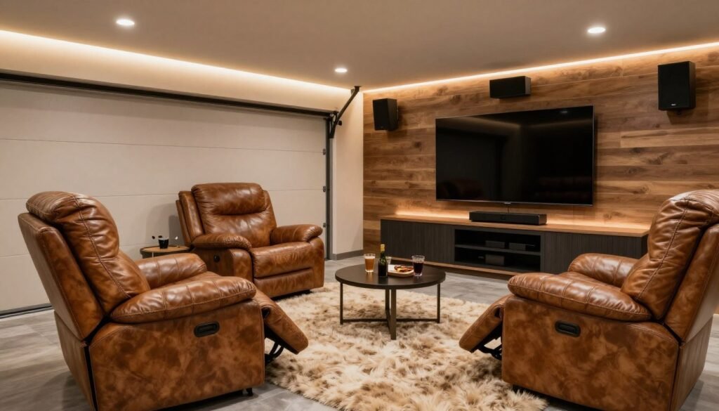 Comfortable seating area in a man cave garage with leather recliners and entertainment center