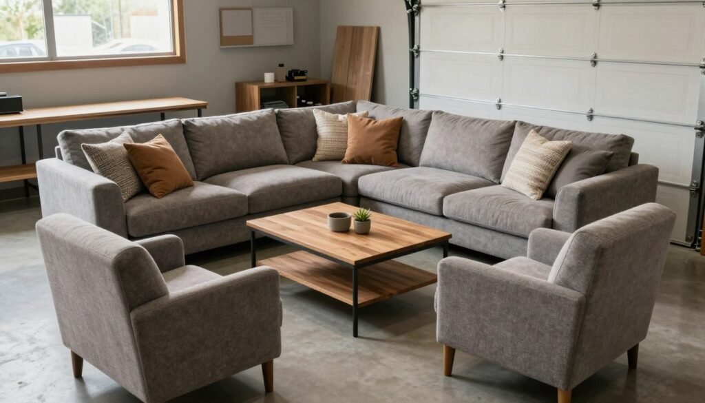 Comfortable seating arrangement in a garage hangout space with modular furniture