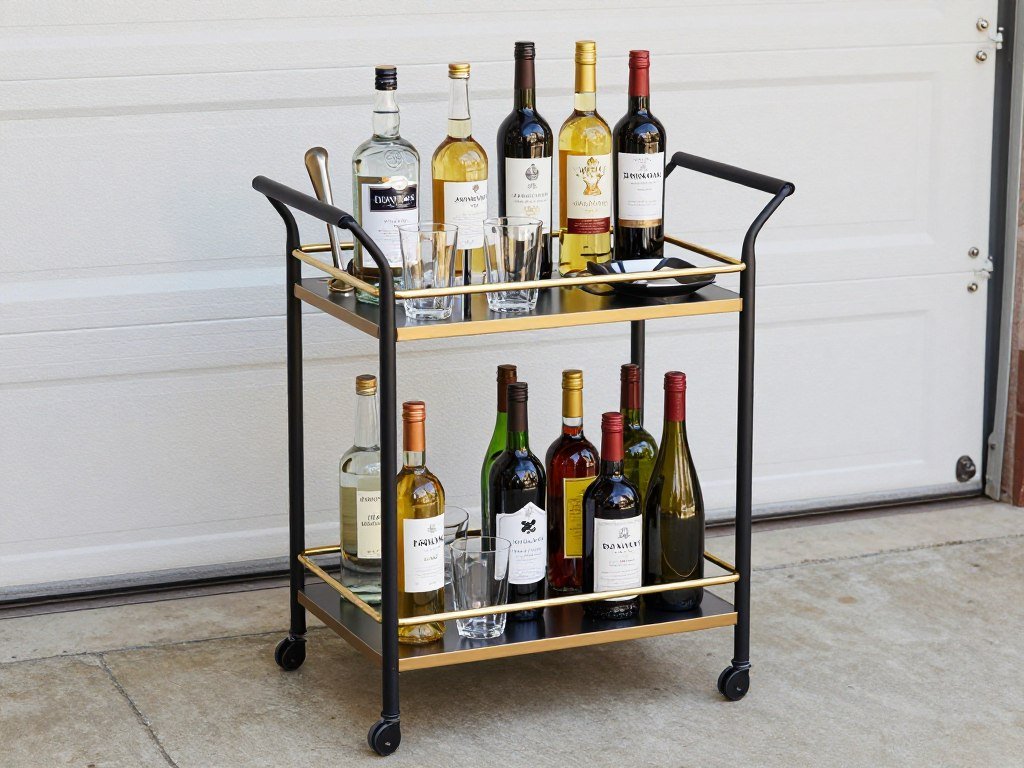 Compact bar cart with supplies in a small garage man cave
