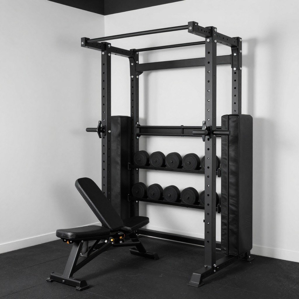 Compact black garage gym optimized for small spaces