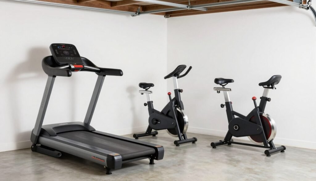 Compact folding treadmill and wall-mounted bike in a small garage gym