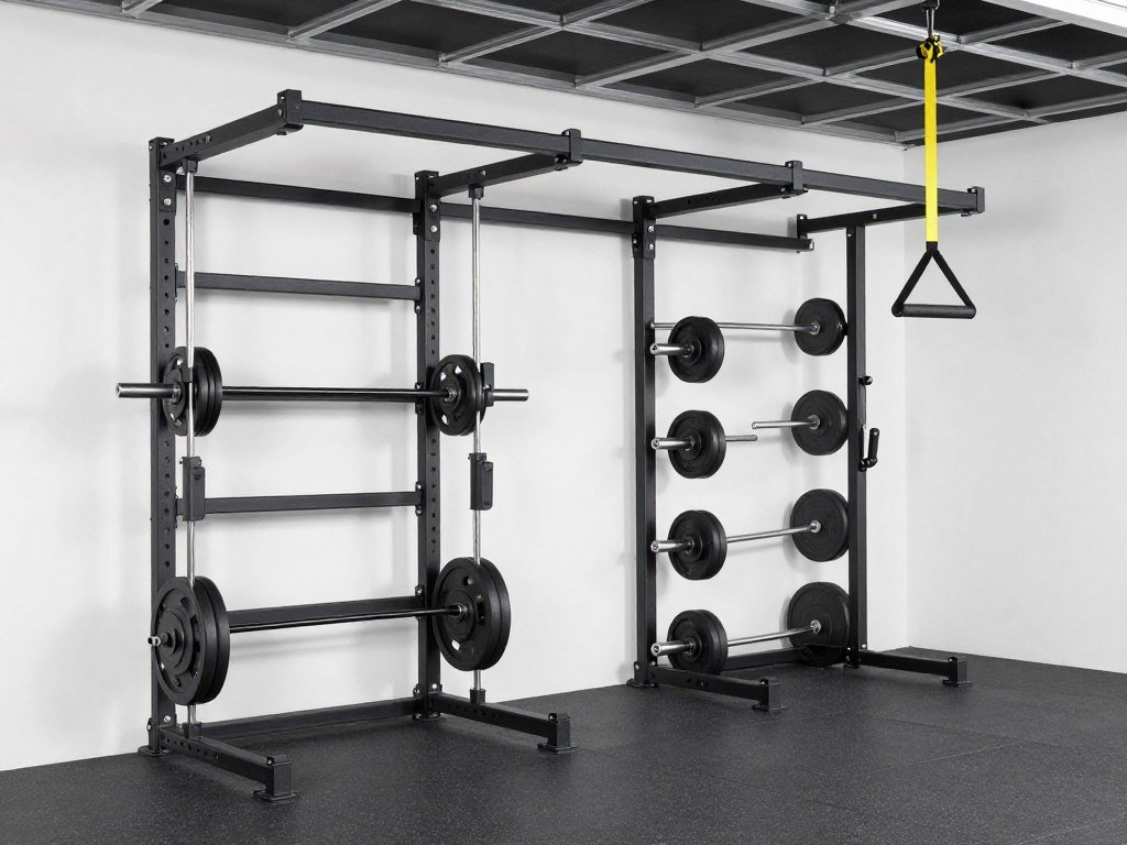 Compact garage gym with wall-mounted folding rack and efficient storage solutions