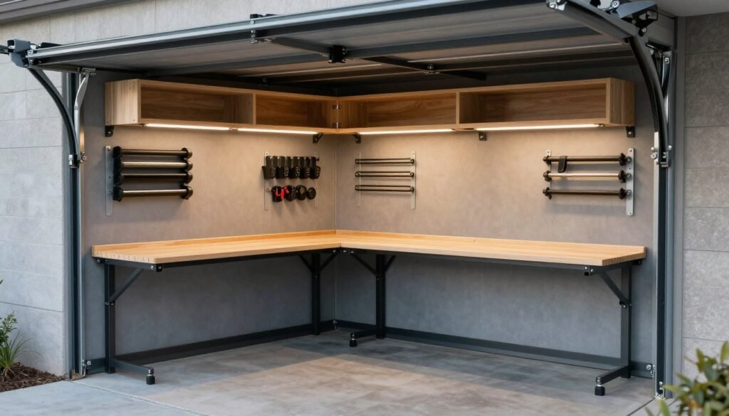Compact garage workshop with space-saving solutions and multi-functional furniture Compact garage workshop with space-saving solutions and multi-functional furniture