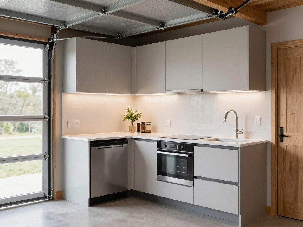 Compact kitchen in a garage conversion ADU with efficient storage and appliances
