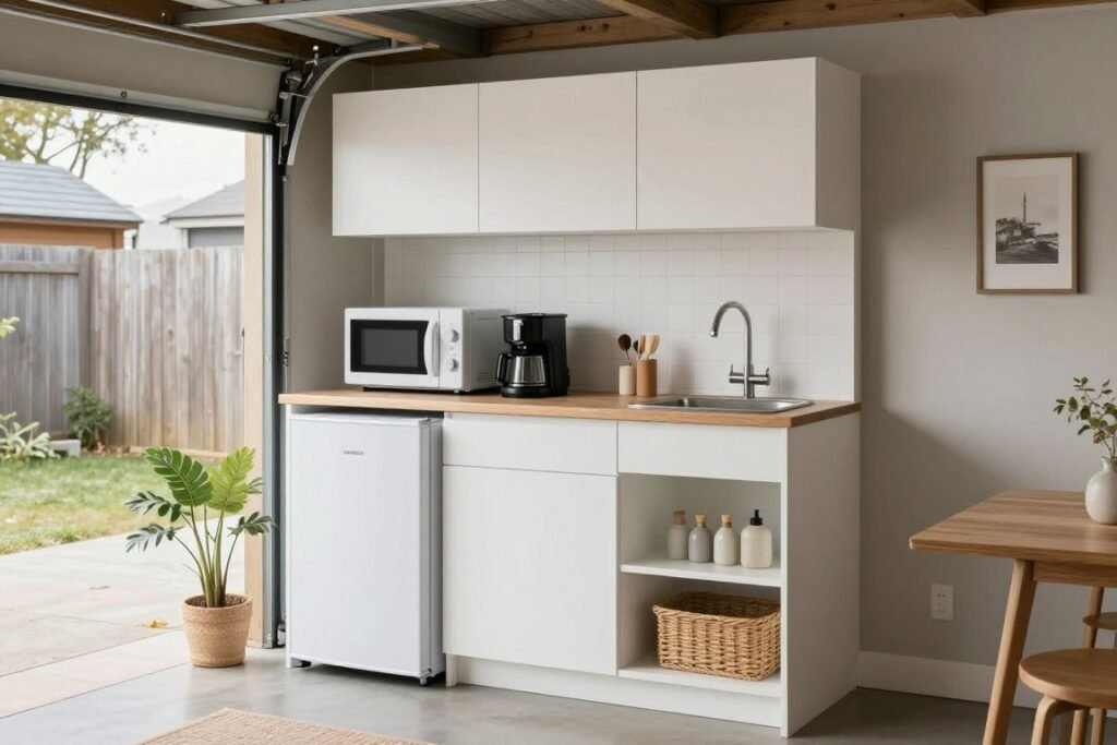 Compact kitchenette in a converted garage guest suite with efficient storage solutions Compact kitchenette in a converted garage guest suite with efficient storage solutions