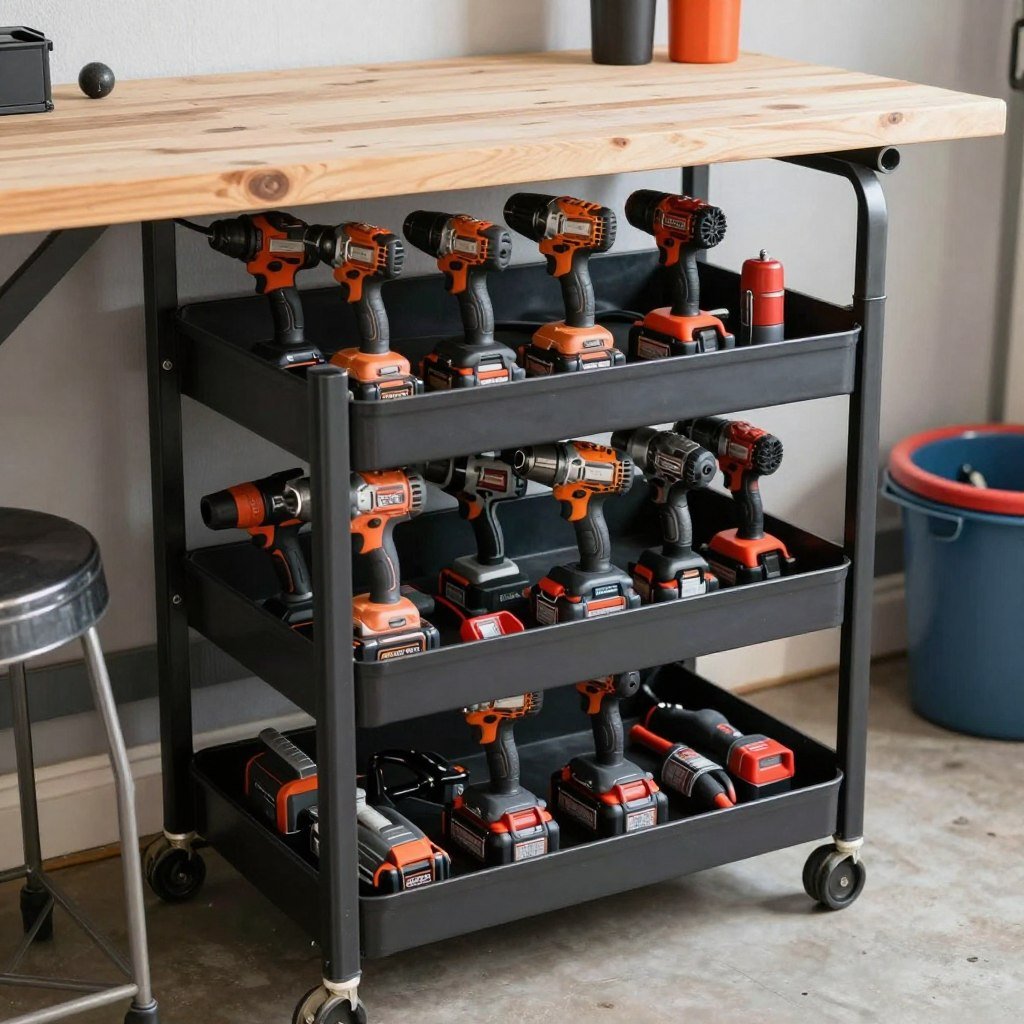 Compact power tool storage solution in a small garage workshop Compact power tool storage solution in a small garage workshop