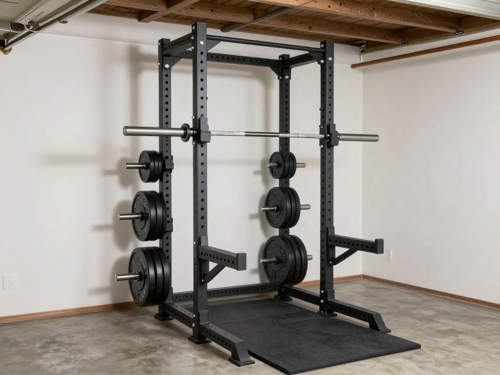 Compact powerlifting setup in a small garage with squat rack and platform