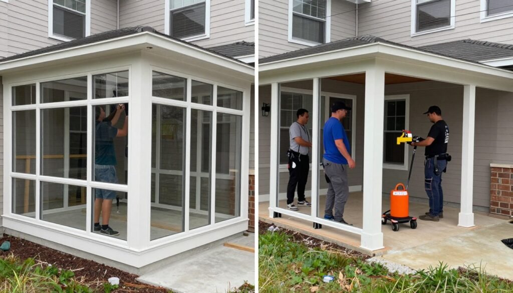 Comparison of DIY and professional breezeway enclosure projects showing different quality levels