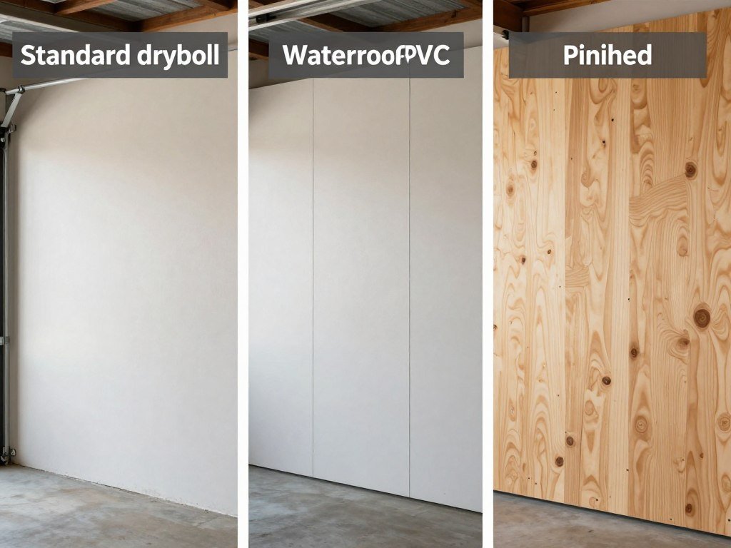 Comparison of different garage wall finishing materials including drywall, PVC panels, and plywood