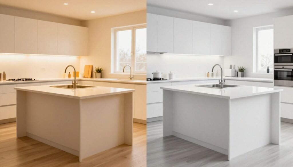 Comparison of different light color temperatures in kitchen settings