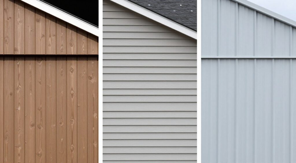 Comparison of different siding options on barn style garages showing board-and-batten, horizontal lap, and metal panels