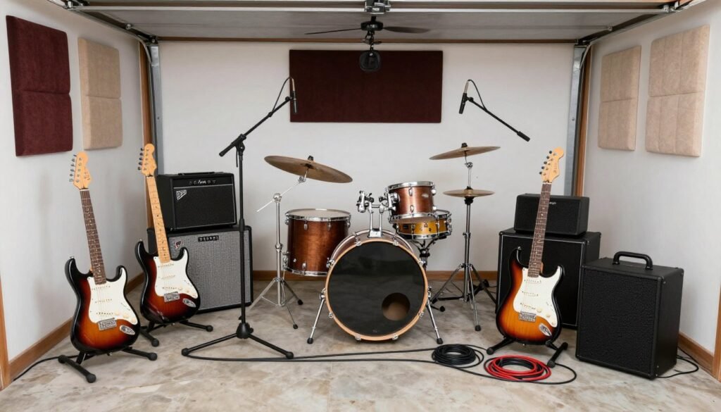 Complete garage band equipment setup including instruments and sound gear