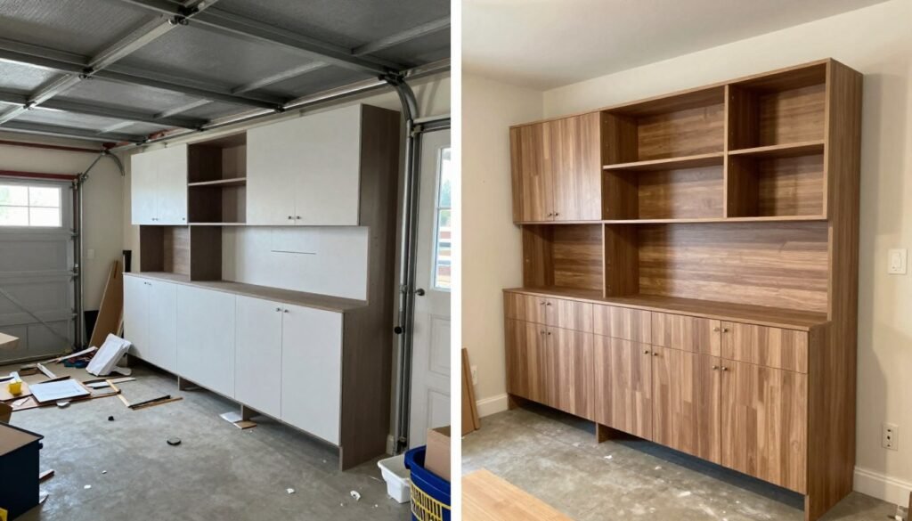Complete garage cabinet installation process showing before and after