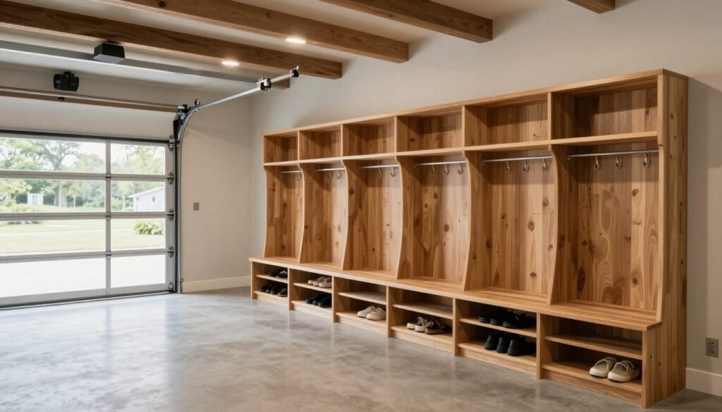 Complete garage mudroom showing all elements working together in a cohesive design