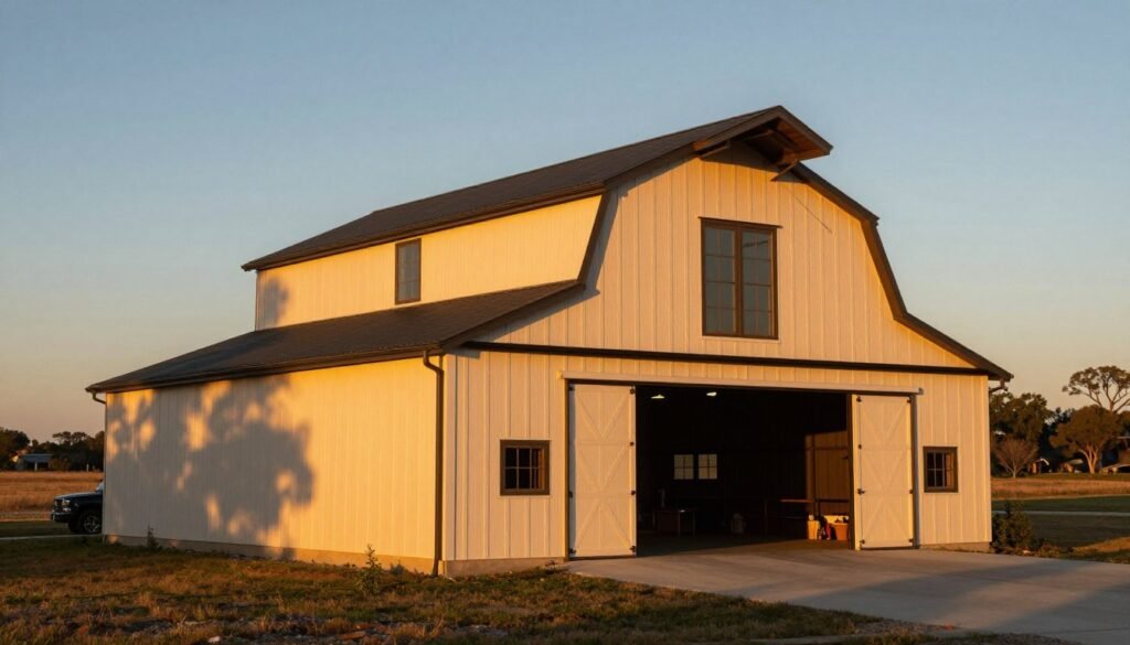 Completed barn style garage at sunset showing beautiful integration with property Completed barn style garage at sunset showing beautiful integration with property
