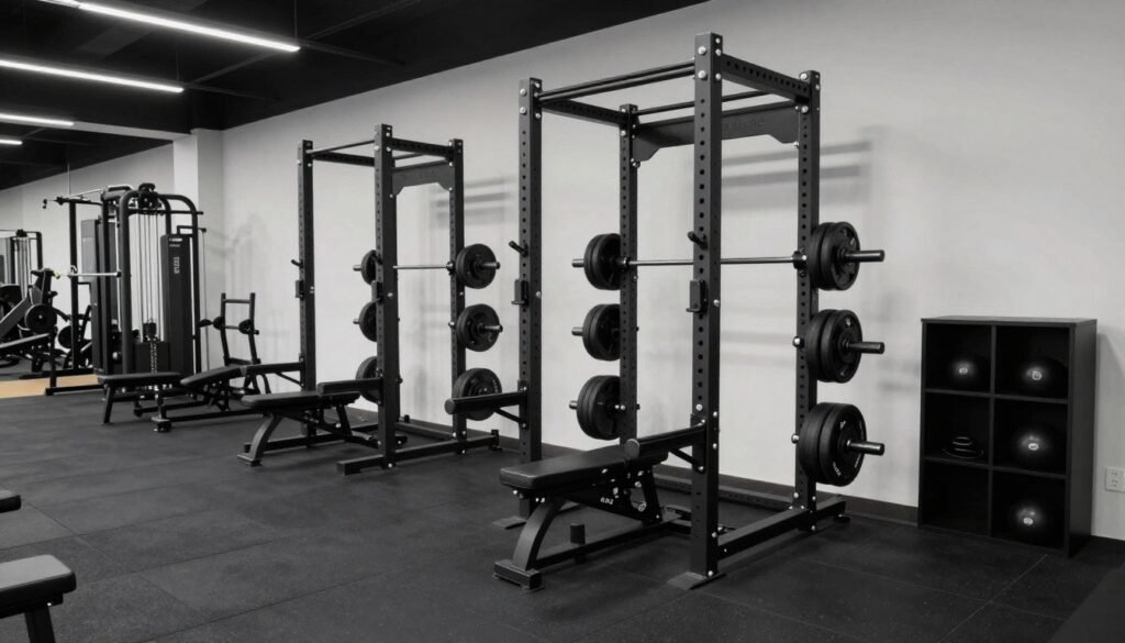 Completed black garage gym with all equipment installed