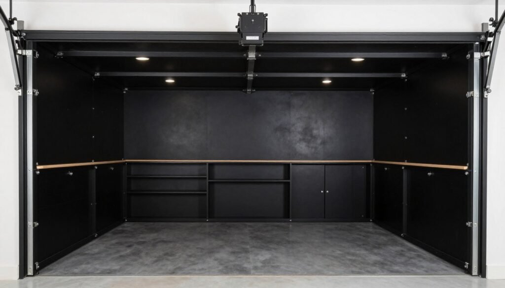Completed black garage interior showcasing multiple design elements discussed