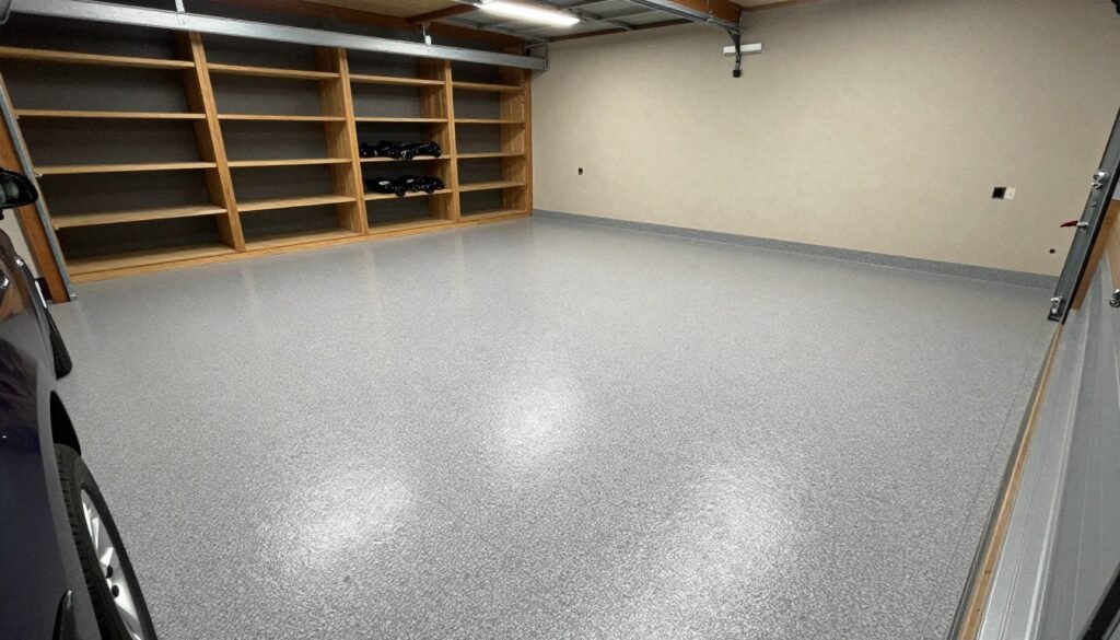 Completed epoxy garage floor project showing transformed space with organized storage Completed epoxy garage floor project showing transformed space with organized storage