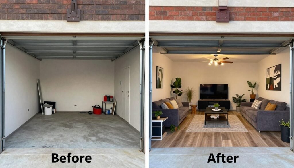 Completed garage hang out space transformation showing before and after