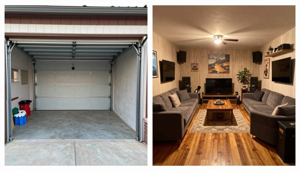 Completed garage man cave transformation showing before and after