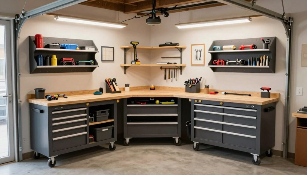Completed garage workshop with all elements working together - workbench, tool storage, and organization Completed garage workshop with all elements working together - workbench, tool storage, and organization